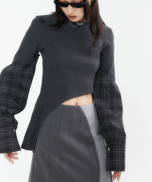 Asymmetric Plaid Sleeve Knit Top